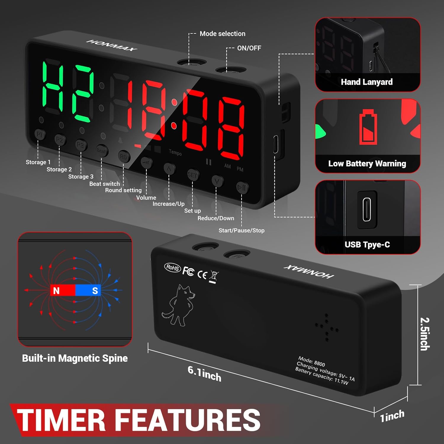 Portable Gym Timer, Fitness Timer Clock, Home Garage Gym Workout Timer, Built-in Strong Magnet and Lithium Battery and Beat Function, Large LED Digital Anti-Vertigo Display(Black+Black)