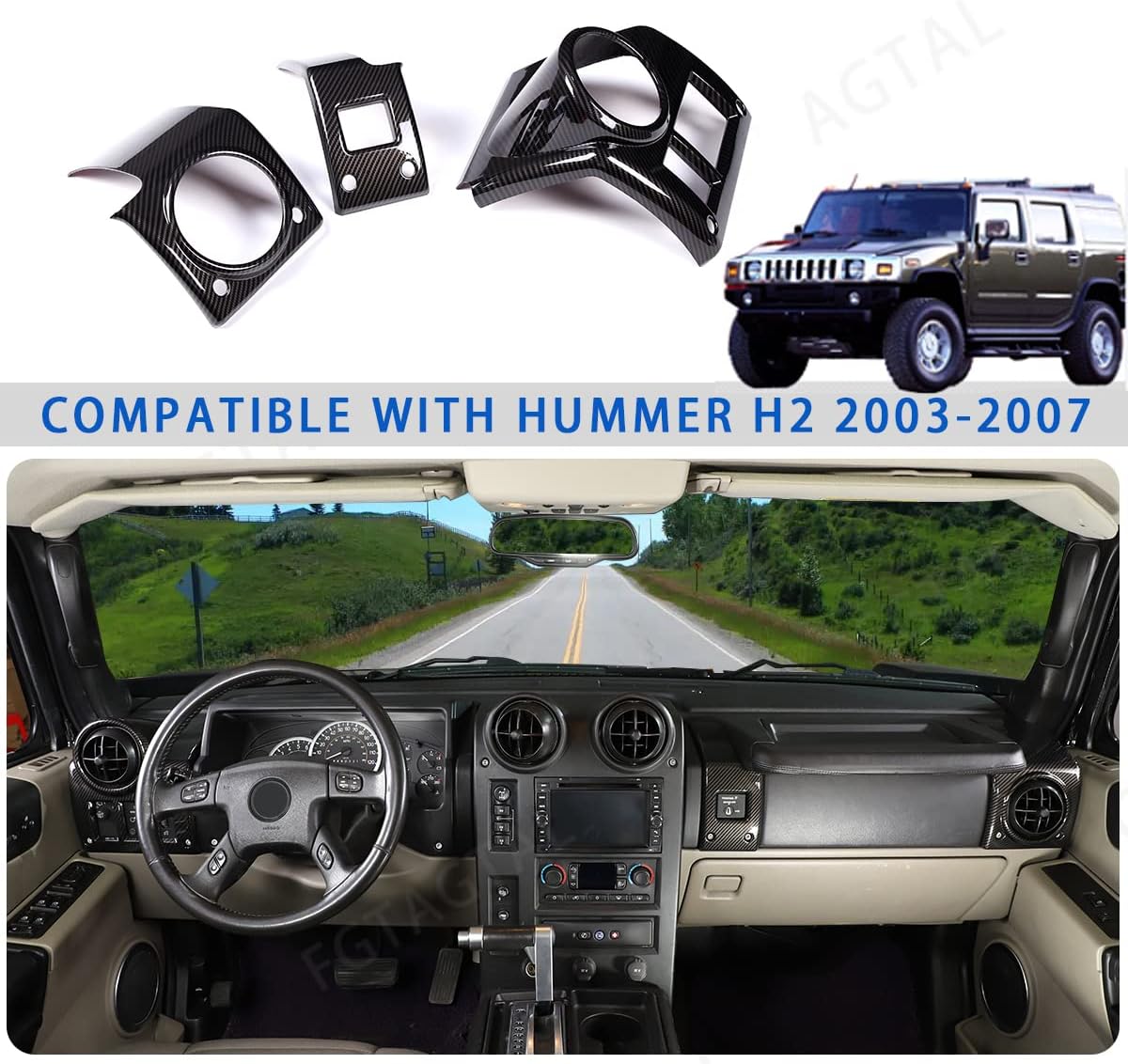 Dashboard Side Air Vent Cover Fit for Hummer H2 2003-2007, ABS Interior Side Air Vent Outlet Cover Trim Frame, Center Console Air Vent Outlet Cover, 3Pcs (Carbon Fiber Pattern Black)