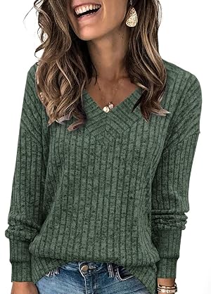 Womens Tops Fall Fashion Sweaters Long Sleeve Shirts V Neck Sweatshirts Casual Loose Winter Clothes 2025