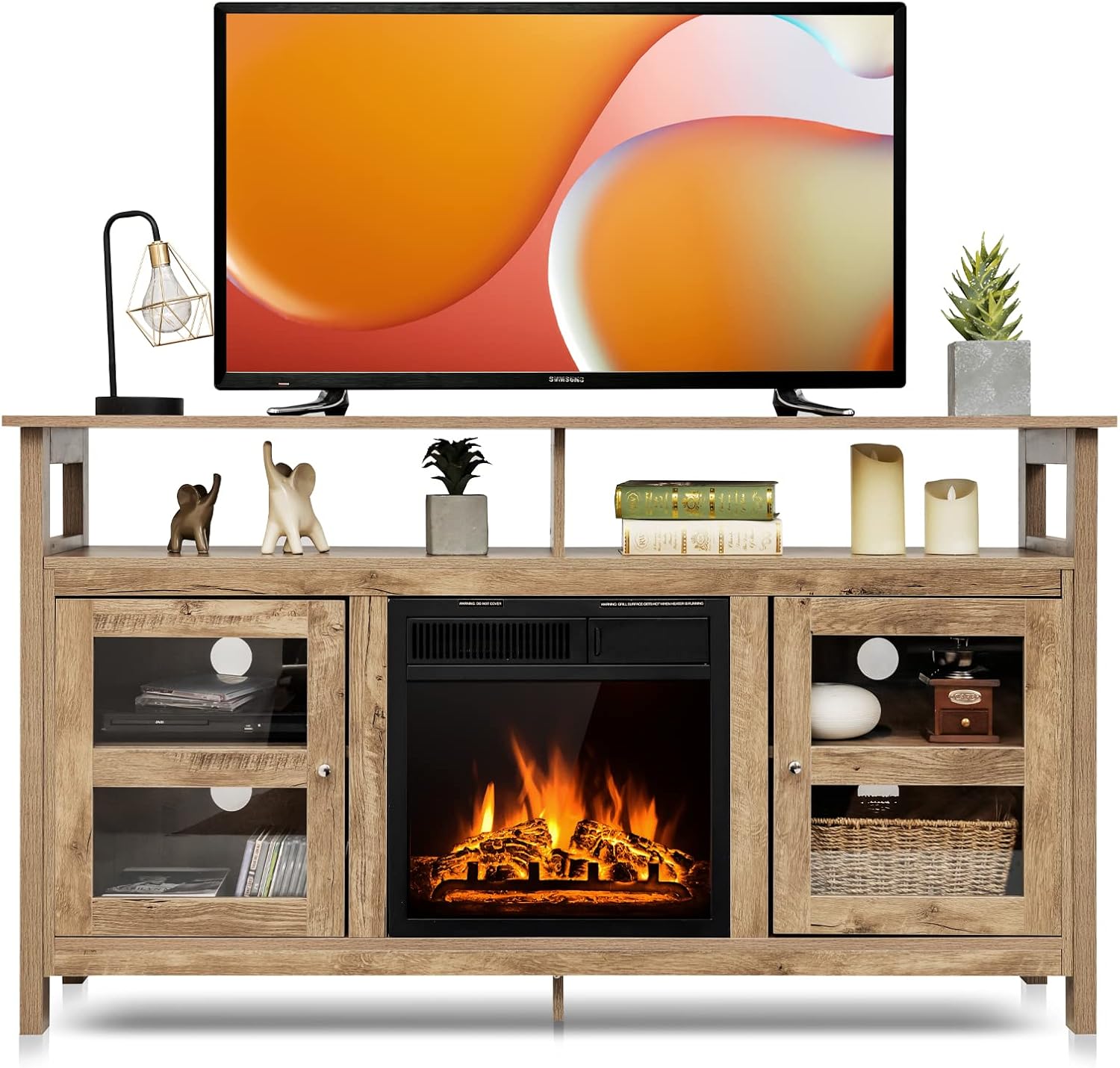 Tangkula Fireplace TV Stand, Farmhouse Media Console Table w/18 1500W Electric Fireplace for Flat Screen TVs up to 65", Modern Fireplace Space Heater w/Adjustable Brightness & Remote Control (Grey)