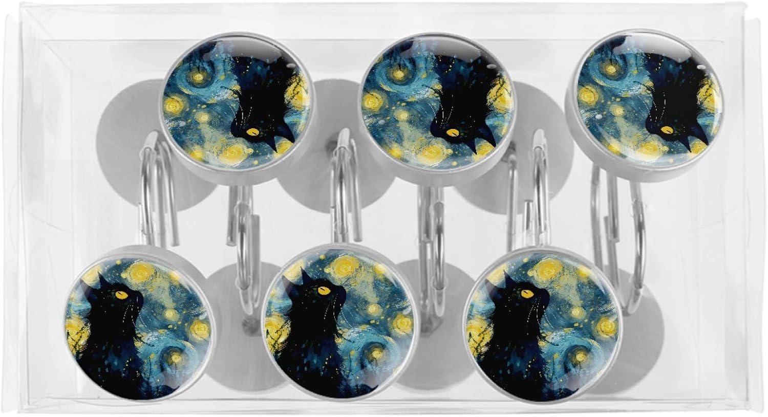 12 Packs Abstract Cat Shower Curtain Hooks, Stainless Steel Glass Shower Curtain Rings for Bathroom Decor, Metal Rustproof Curtain Rod Hooks