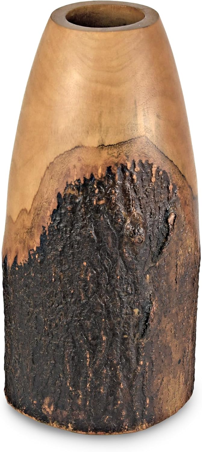 AeraVida Natural Bark Mango Wood Flower Vase | 12 Inch Tall Handmade Eco-Friendly Decorative Table Vase for Dried or Silk Flowers | Rustic Brown Round Wooden Vase for Home Living Room or Office Decor
