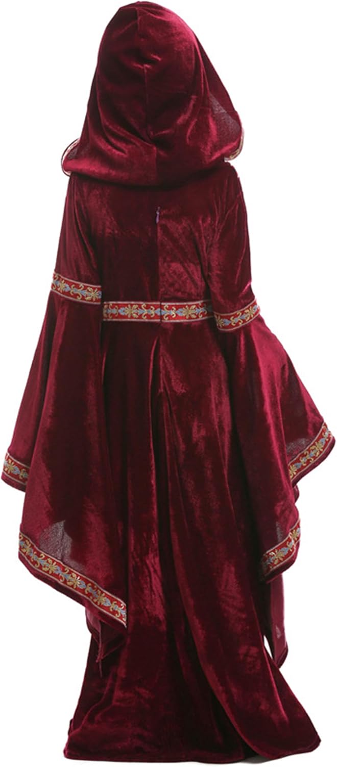 Girls Medieval Princess Costume Hooded Robe Renaissance Dress Up Outfit Halloween Cosplay Role Play Party Gown