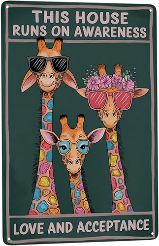 Letrero de hojalata de la familia de jirafas, 8 x 12 pulgadas, arte de pared de metal bohemio para guardería, sala de juegos y decoración del hogar
