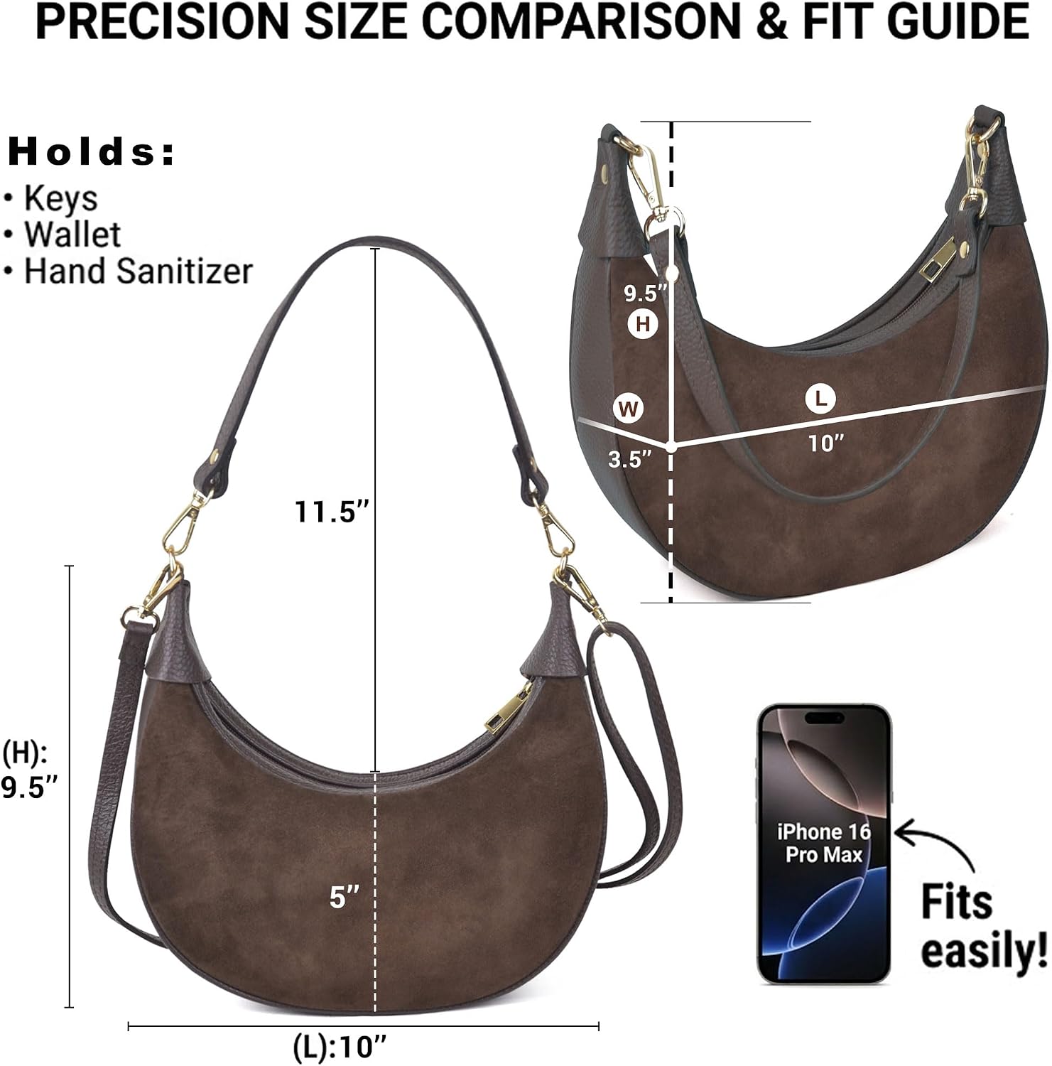 Italian 100% Genuine Leather Crescent Hobo Bag for Women Crossbody Purse | Made in Italy, 2 Straps, Small Shoulder Handbag, 43" Adjustable Strap, Gold Hardware, Work, Travel, Shopping, Gift
