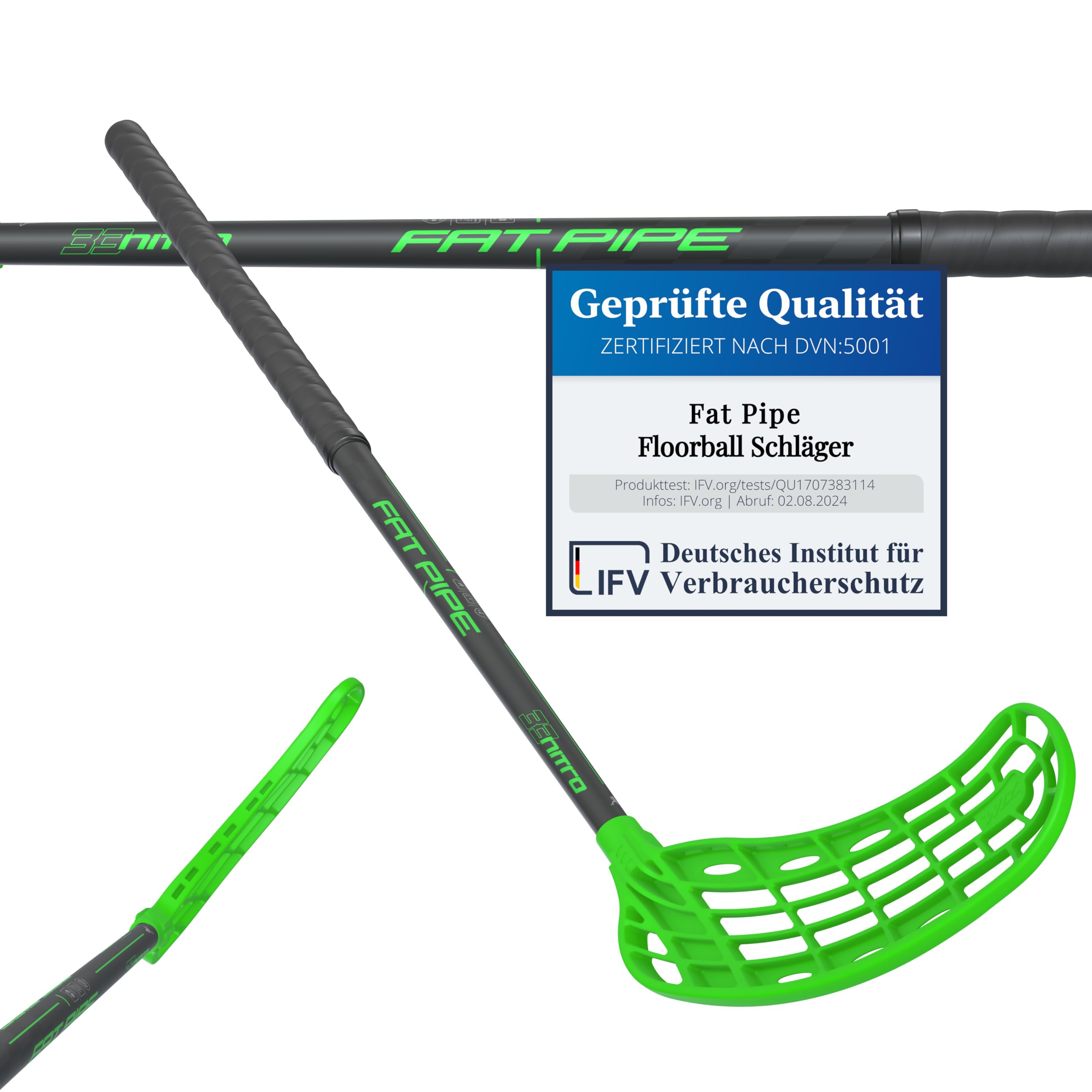 FAT PIPE Floorball Schläger Unihockey Stock Nitro 33 WIZ - Black NEON Green - IFF Zertifiziert, mit WIZ Schaufel/Kelle