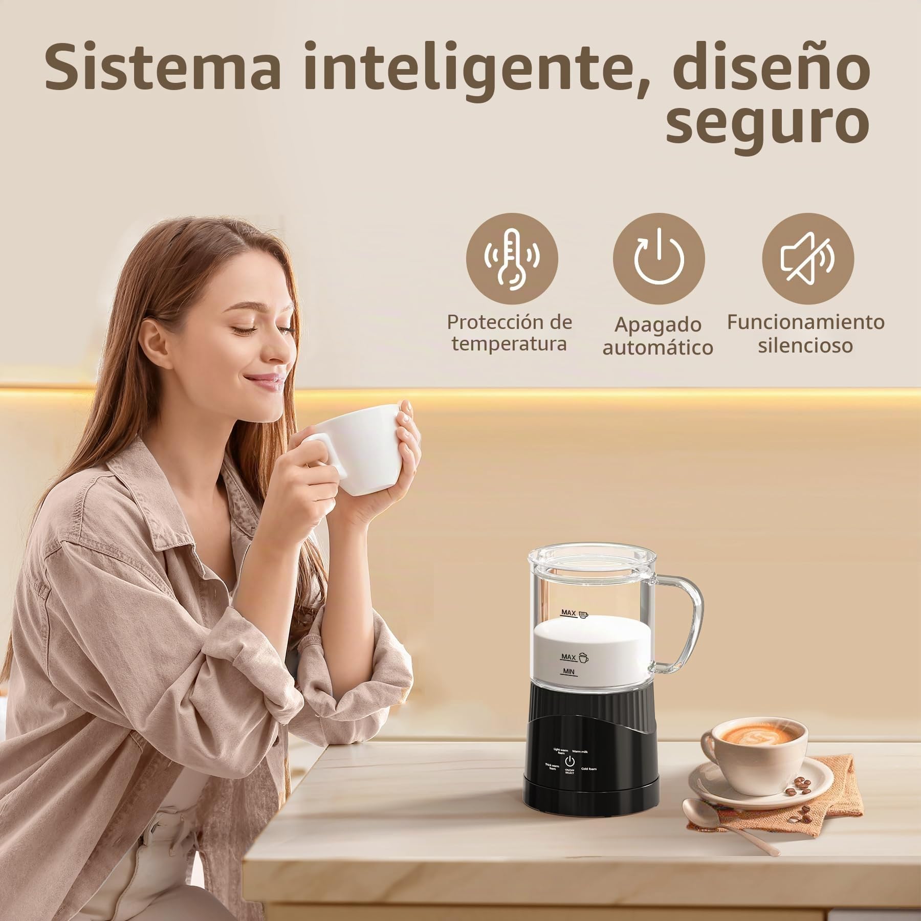 OMISOON Espumador de leche eléctrico 4 en 1 de 400 ml, espumador de leche automático de inducción de 500 W, apagado automático, para espuma de leche fría y caliente, latte macchiato, capuchino, negro