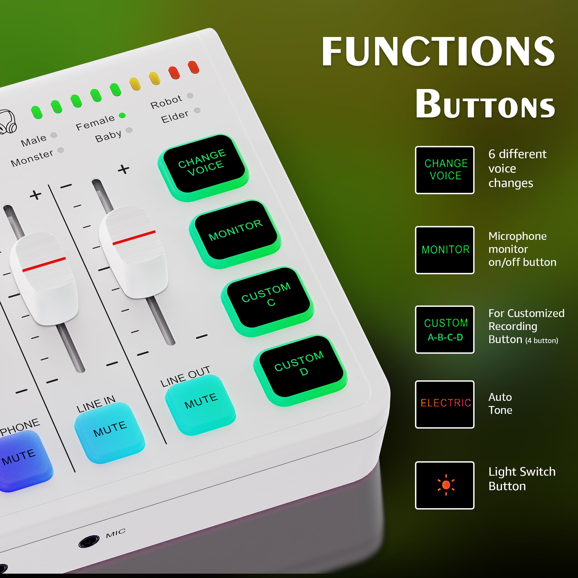 IXTECH Mezclador de audio para juegos de 4 canales, interfaz de audio RGB para PC con soporte de micrófono XLR, ecualizador de audio para juegos, podcast, streaming, karaoke, controles de volumen