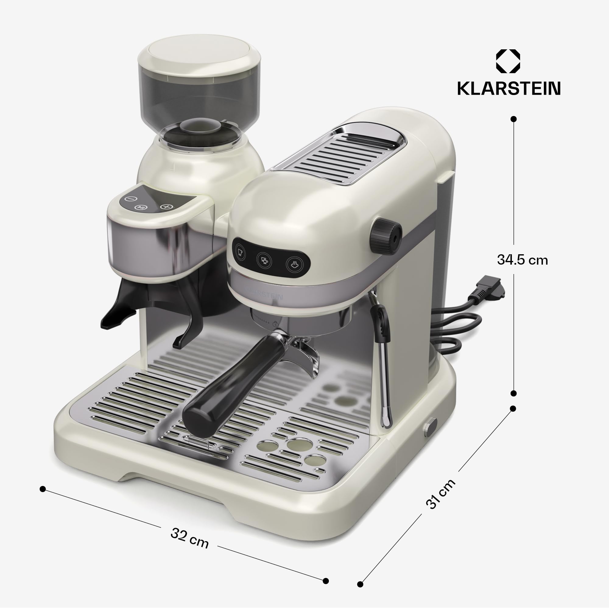 KLARSTEIN Bella Café Machine à café en grain – 19 Bars, 1550 W, Broyeur intégré 200 g, Mousseur à lait, Réservoir 1,4 L, Acier inoxydable, Design rétro, Crème