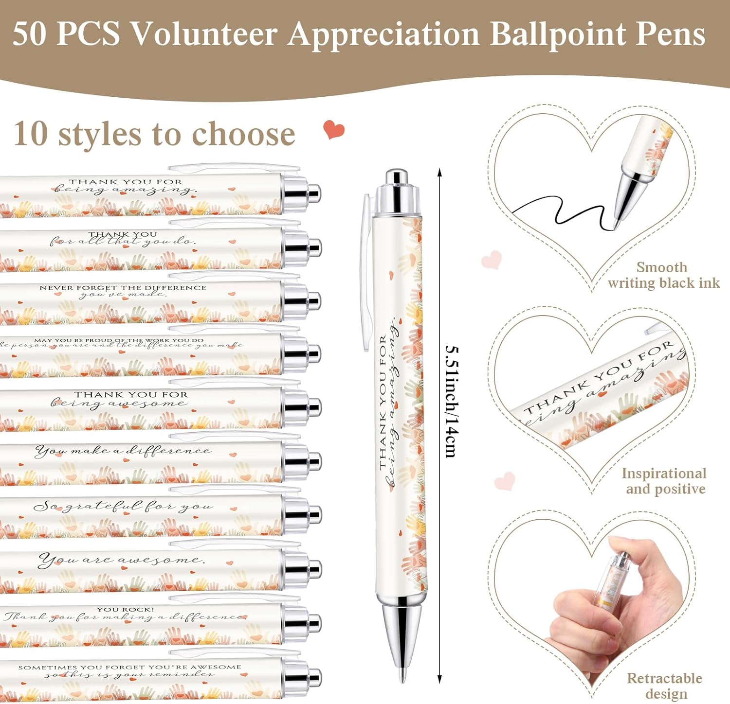 Tondiamo 50 Sets Volunteer Appreciation Gifts 10 Styels Volunteer Ballpoint Pens with Appreciation Cards and Bags Thank You Gift for Social Worker Coworkers Teacher Volunteer