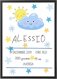 Imagen de nacimiento personalizada con marco o póster solamente - Regalo de bebé niño Peso Fecha Mamá Papá - varios tamaños varios colores Hecho en Italia (hombre, Nube e Sol)
