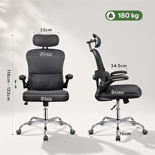 DEVAISE Sedia Ufficio Ergonomica con Supporto Lombare Regolabile, Funzione dondolante, Poggiatesta 3D Regolabile, Braccioli Ribaltabili a 90°, Schienale in Rete Traspirante – per Ufficio – Nero - 3