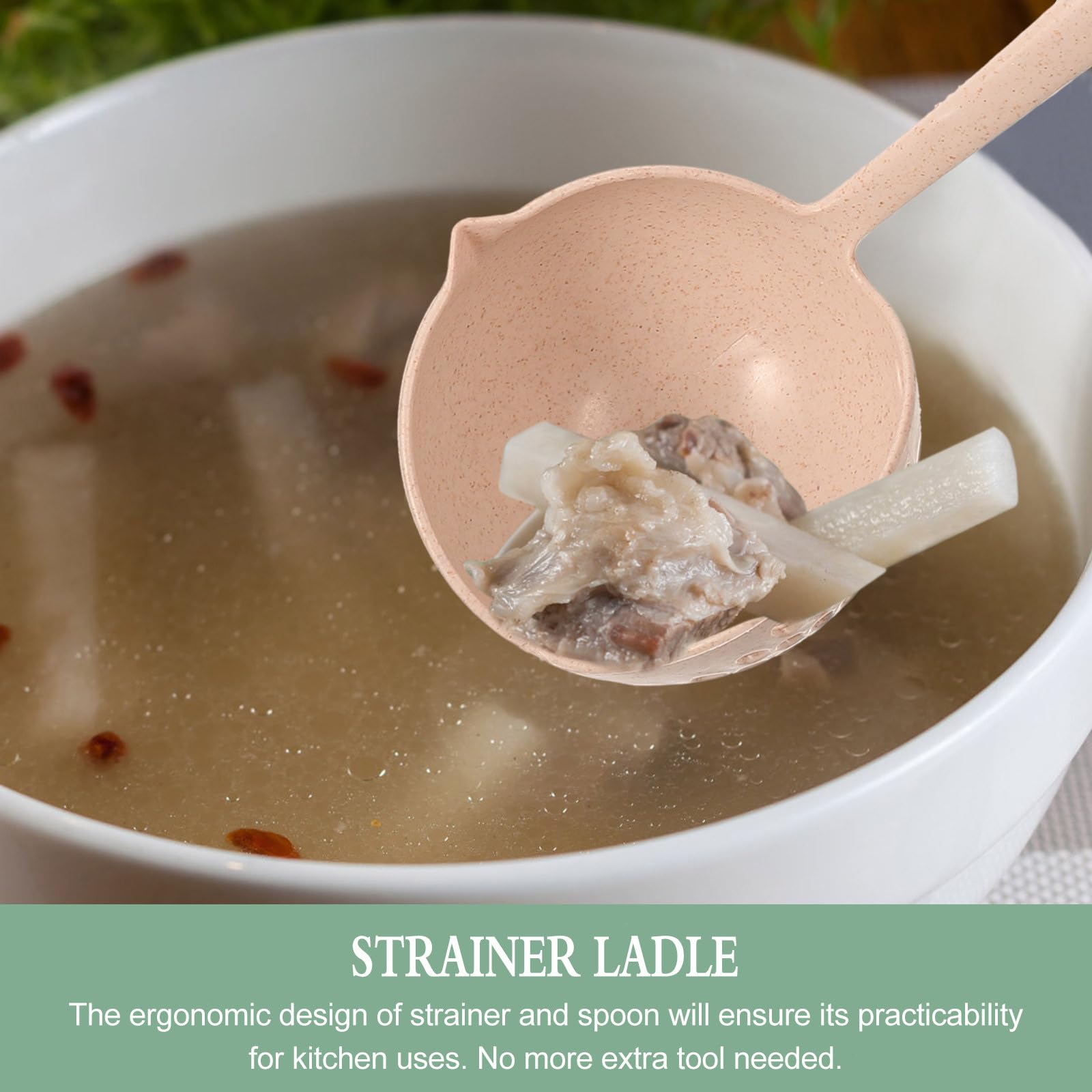HANABASS 2-in-1 Silicone Soup Ladle with Strainer - Heat-Resistant Cooking Spoon for Separating Liquids/Solids, Beige Kitchenware (Plastic Handle, Pan Filter Tool) - Image 7