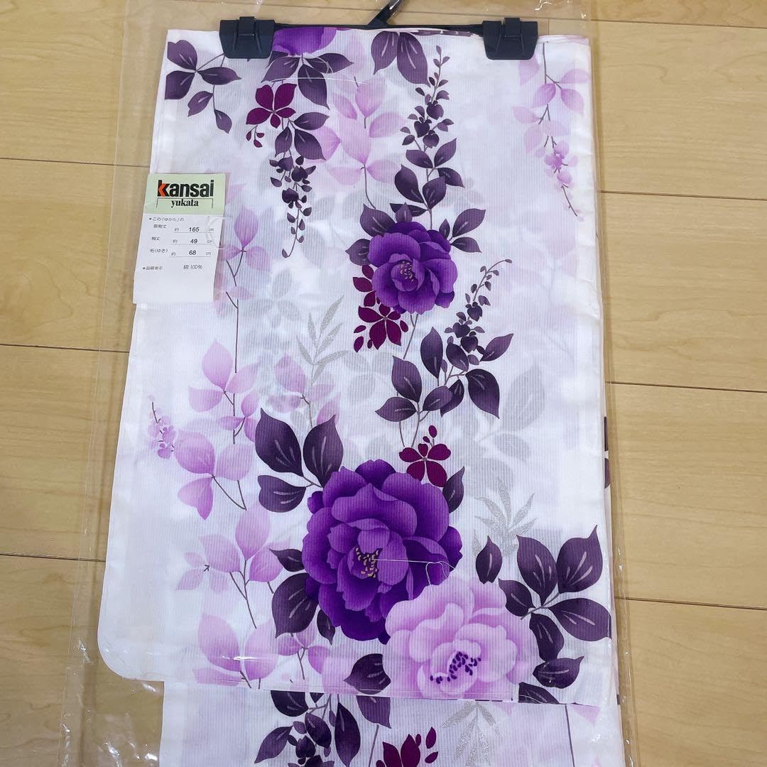 【新品タグ付き】Kansai 浴衣　作り帯　セット 紫花柄　ピンク 夏祭り 花火 新品タグ付き】Kansai 浴衣 作り帯 セット 紫花柄 ピンク 夏祭り 花火