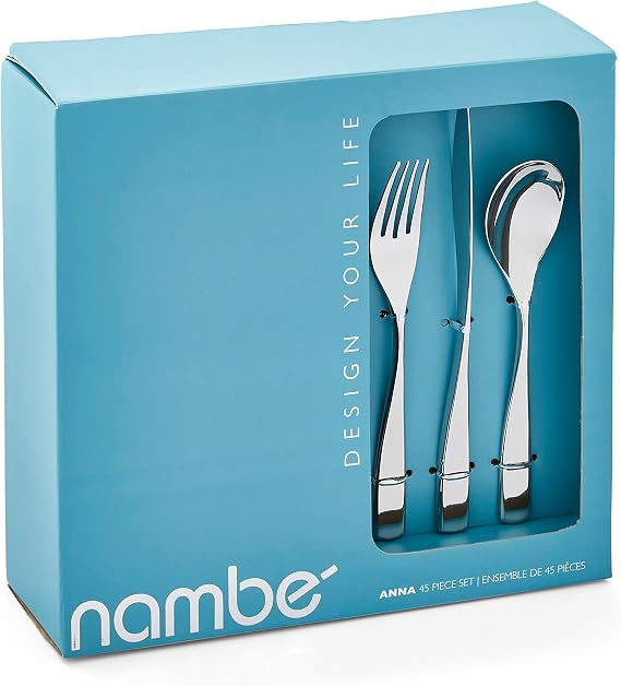 nambe Anna Flatware, 45-Pc Set, 18/10 Mirror Stainless Steel Silverware Cutlery Set, Designed for Home Kitchens, Hotel, or Restaurants, Service for 8 and a 3pc Hostess Utensil Set, Dishwasher Safe