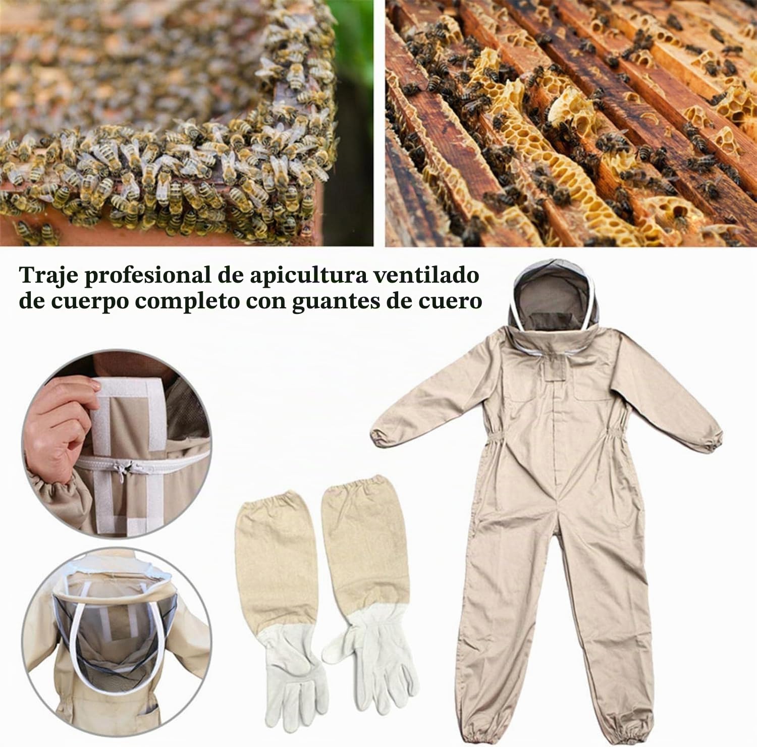 Mono de Apicultor Profesional - Traje Protector Completo para Apicultura, Ventilado con Elástico y Guantes de Piel