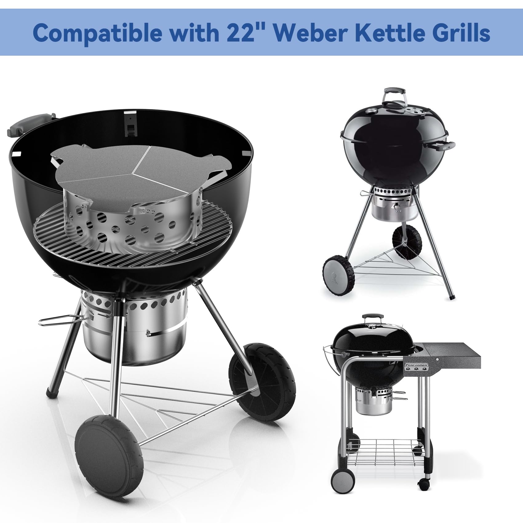 Skyflame Controlador de calor para parrillas de carbón de 22 pulgadas, kit de parrilla de acero inoxidable con 4 clips de soporte, convierte tu parrilla de carbón en un ahumador