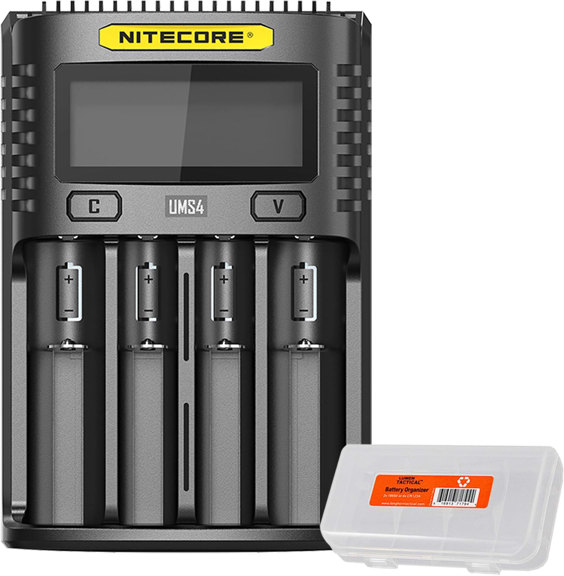 Nitecore UMS4 Intelligent USB-C Four Slot Quick Battery Charger for Li-Ion/Ni-MH/Ni-Cd/IMR 16340 14500 18650 21700 20700 AA AAA and More Batteries, with Organizer