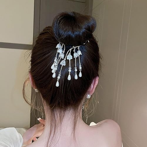 Miniatura 3 de 3 pinzas para el cabello con diamantes de imitación perlas, hebilla de cola de caballo de flores, horquilla de metal para moño, accesorios para
