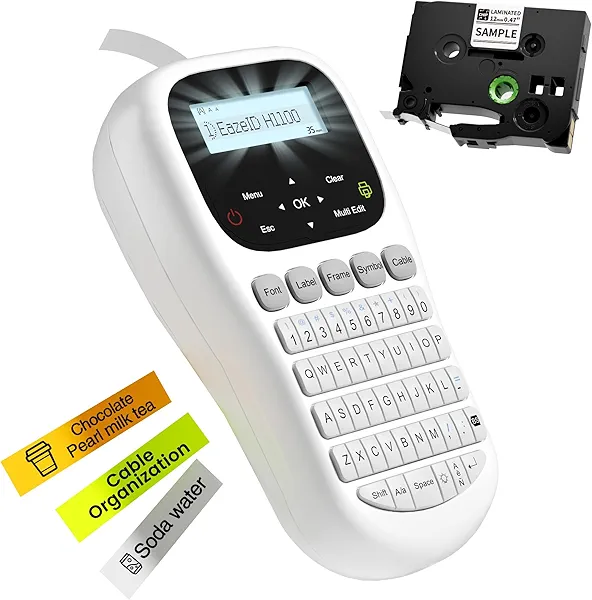 EazeID Label Maker Waterproof-Labels, Keyboard Label Maker Machine with-Tape12mm Laminated, Backlit Screen, Multiple Fonts & Symbols, Portable Inkless Labeler for Home Office School Use, H1100