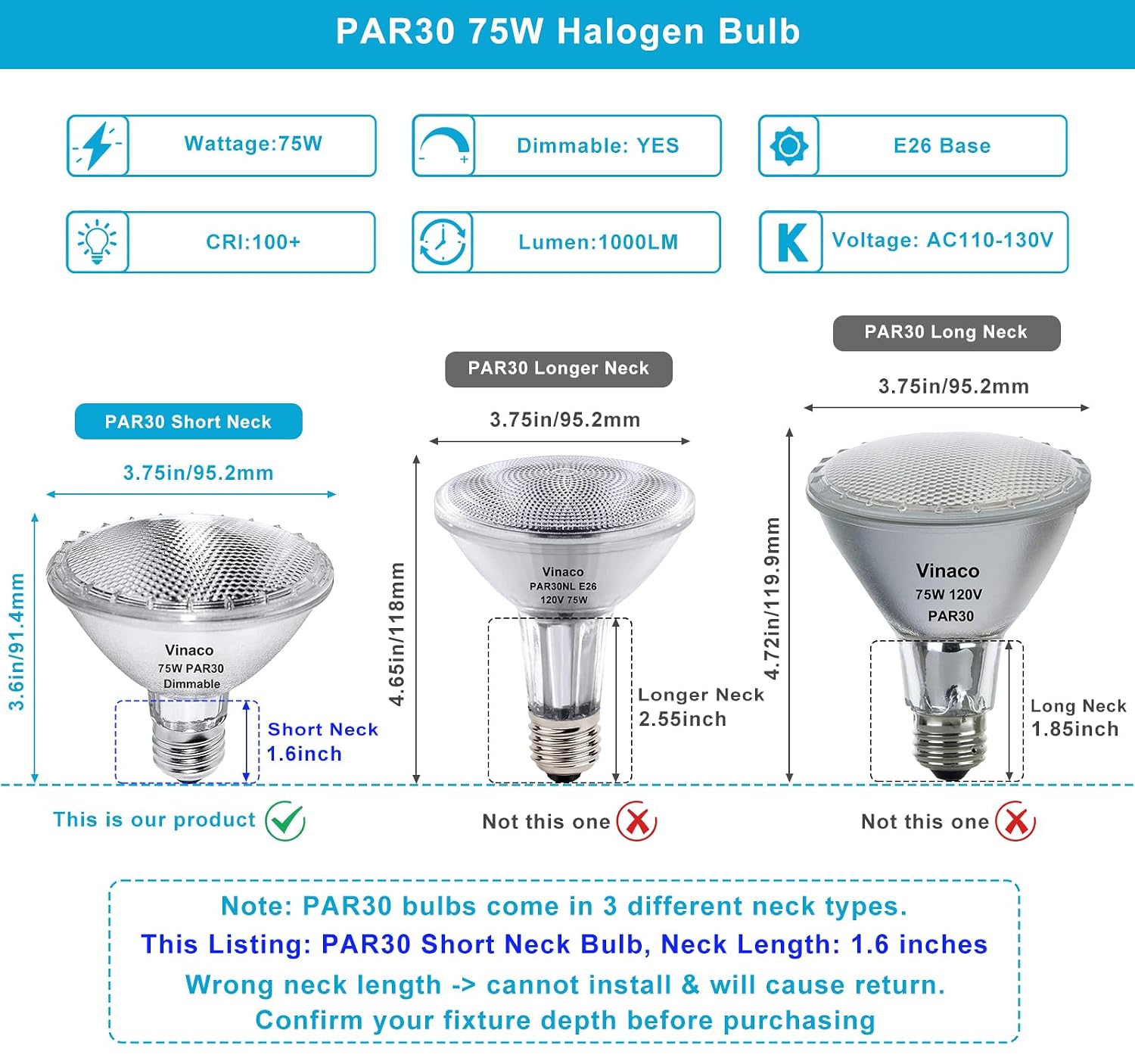 Vinaco Par30 Short Neck Flood Light Bulb 75W 120V E26 Base 3000K Warm White image 2
