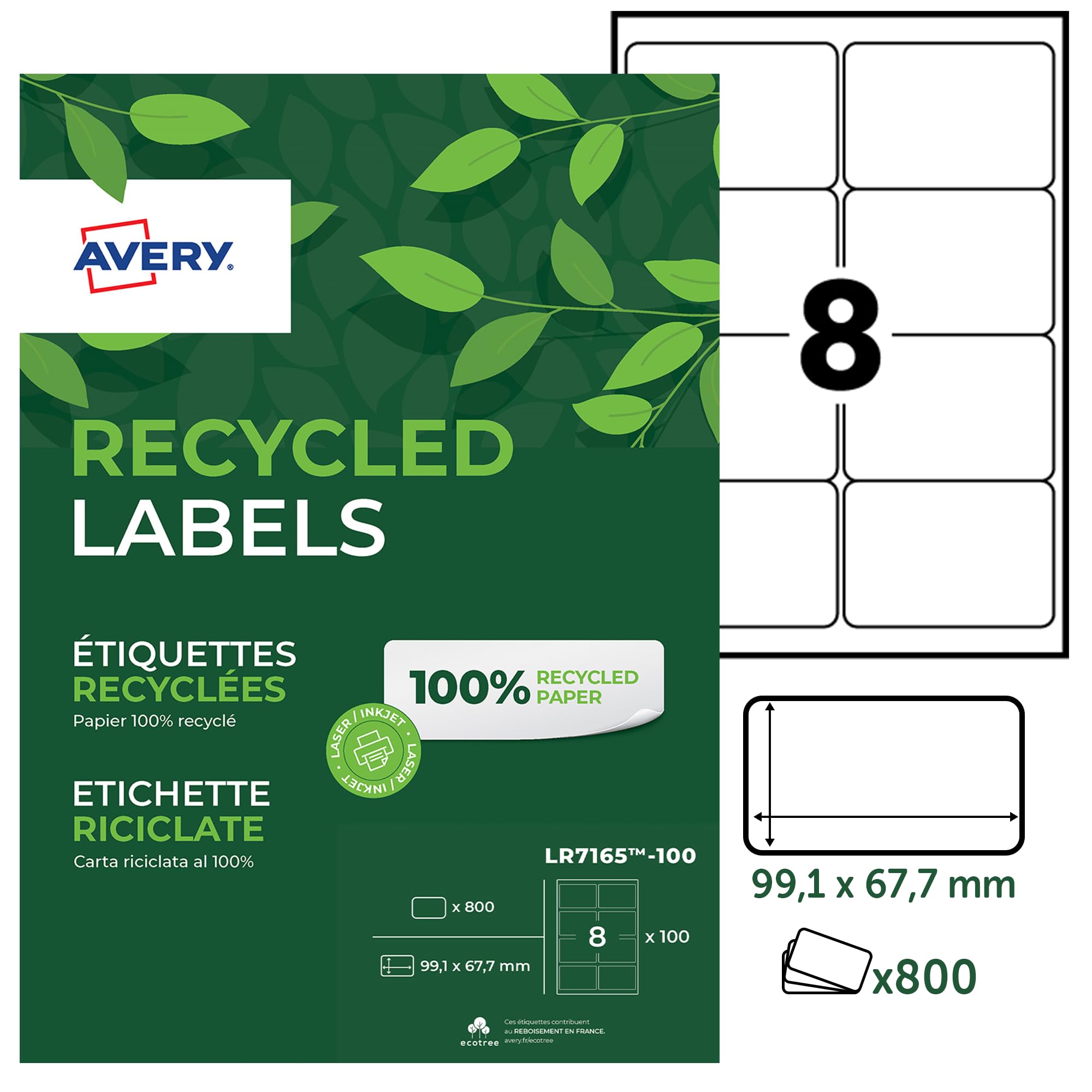AVERY Zweckform LR7165-100 Versand-Etiketten (A4, 800 Stück, Recycling, 99,1 x 67,7 mm, 100 Blatt) weiß