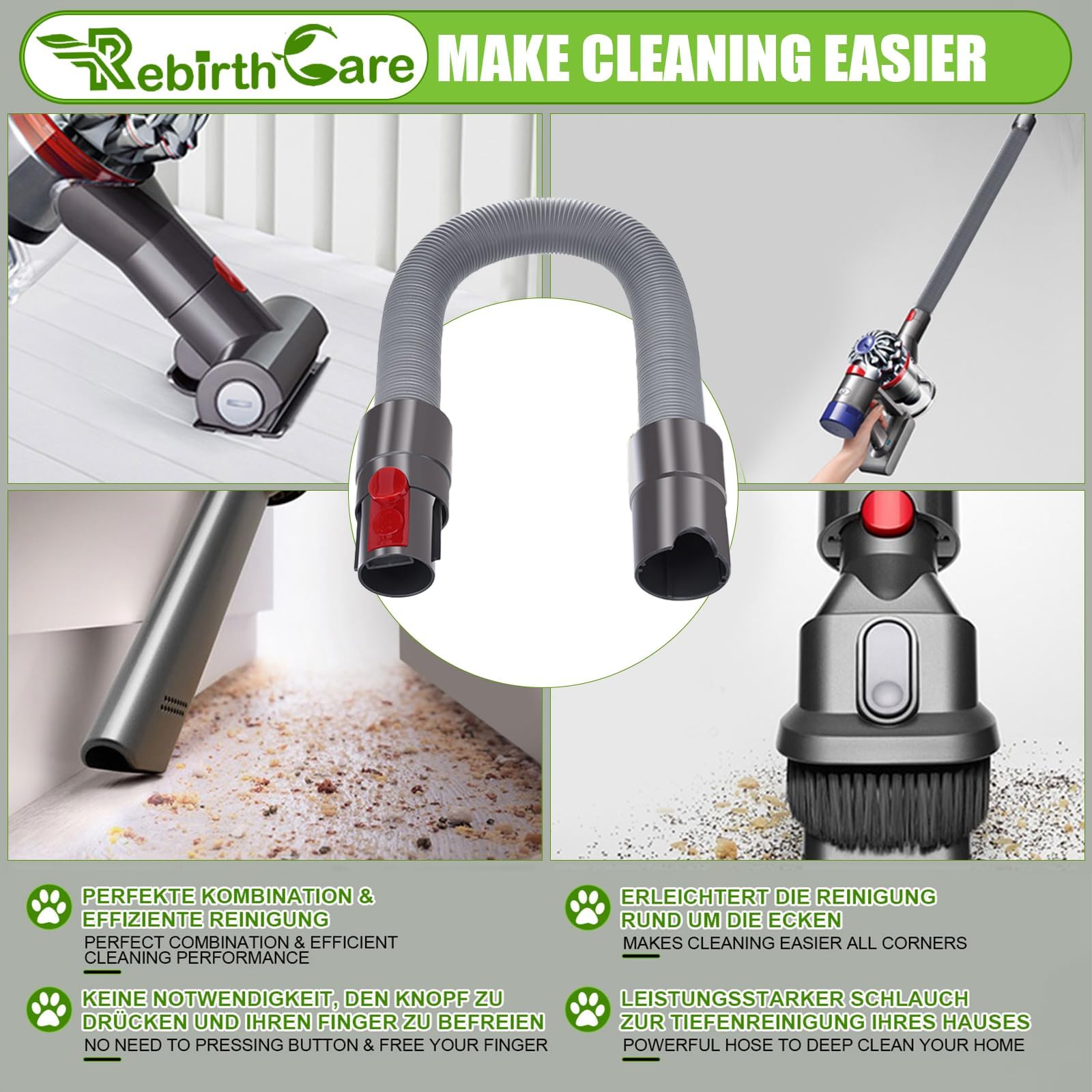 Rebirthcare Tubo Flessibile per Dy.son V15 V11 V12 V10 V8 V7 G5 SV10 SV11 SV12 SV14 Aspirapolvere - Accessorio di Ricambio Estensibile Fino a 172cm