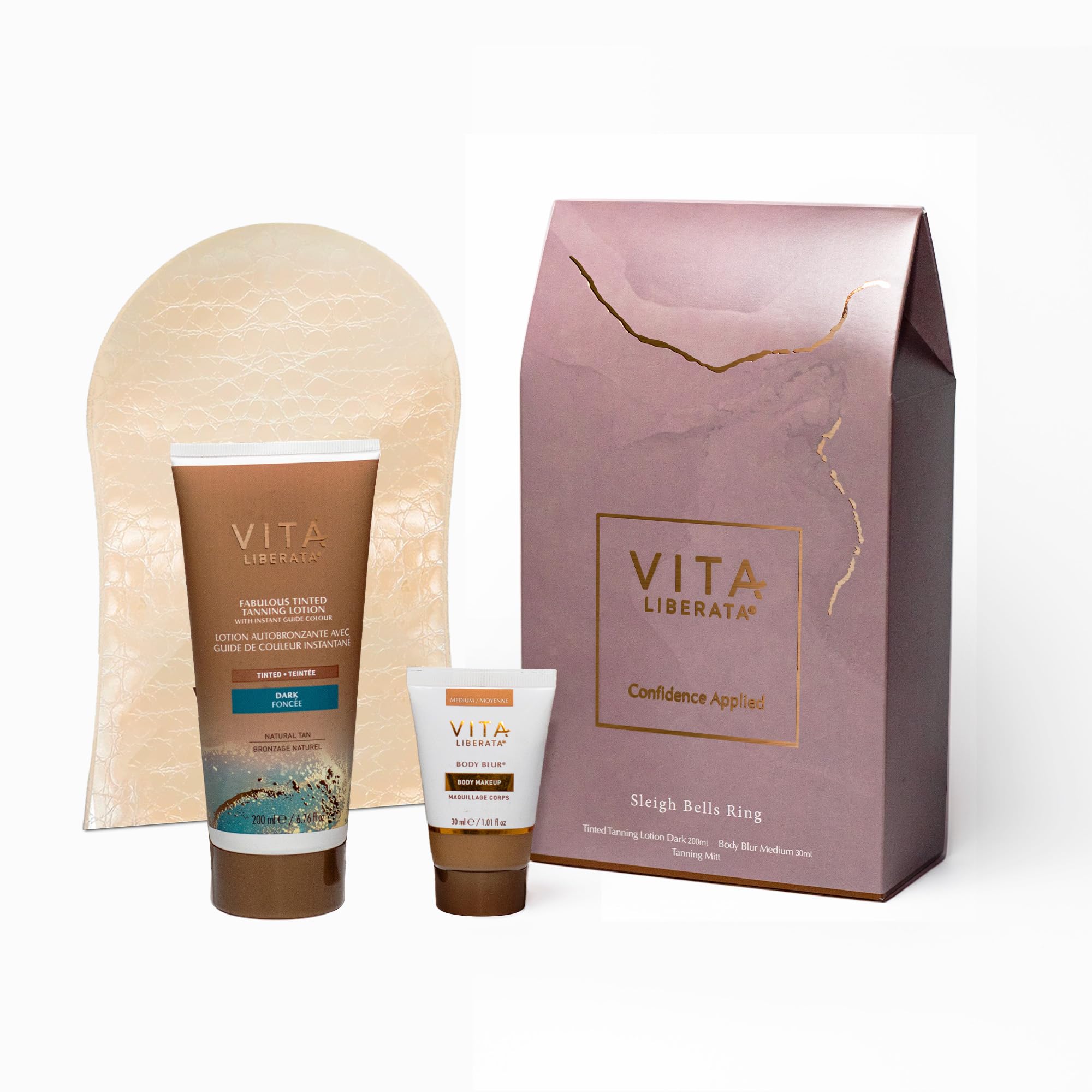 Vita Liberata Tanning Gift Set, Sleigh Bells Ring, Tinted Tanning Lotion Dark, Body Blur Medium, Tanning Mitt, Self Tan Kit