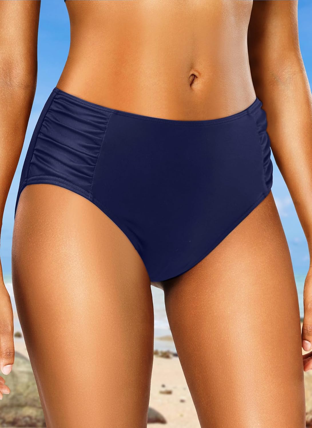 Tempt Me Women Bikini Bottoms Mid Waist Bathing Suit Swimsuit Ruched Swim Bottom