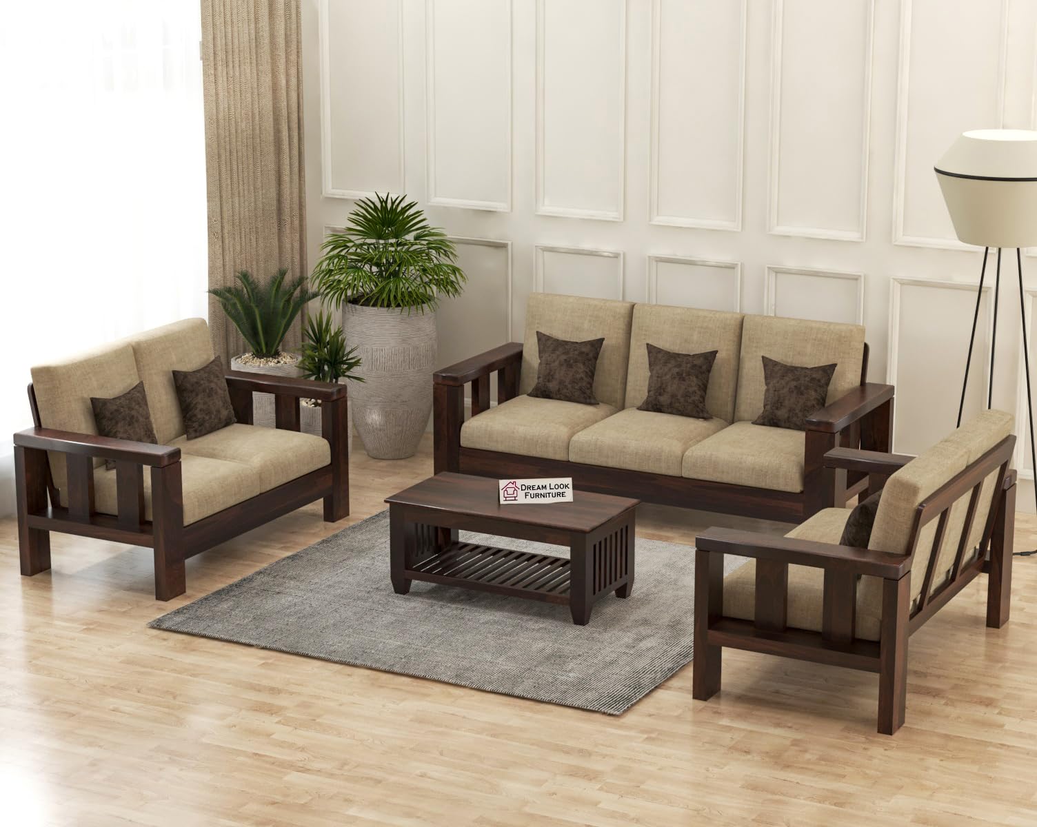 DREAM LOOK FURNITURE Sheesham Wood 7 Seater Sofa Set for Living Room Wooden Sofa Set for Living Room Furniture 3+2+2 Walnut Finish-image-5