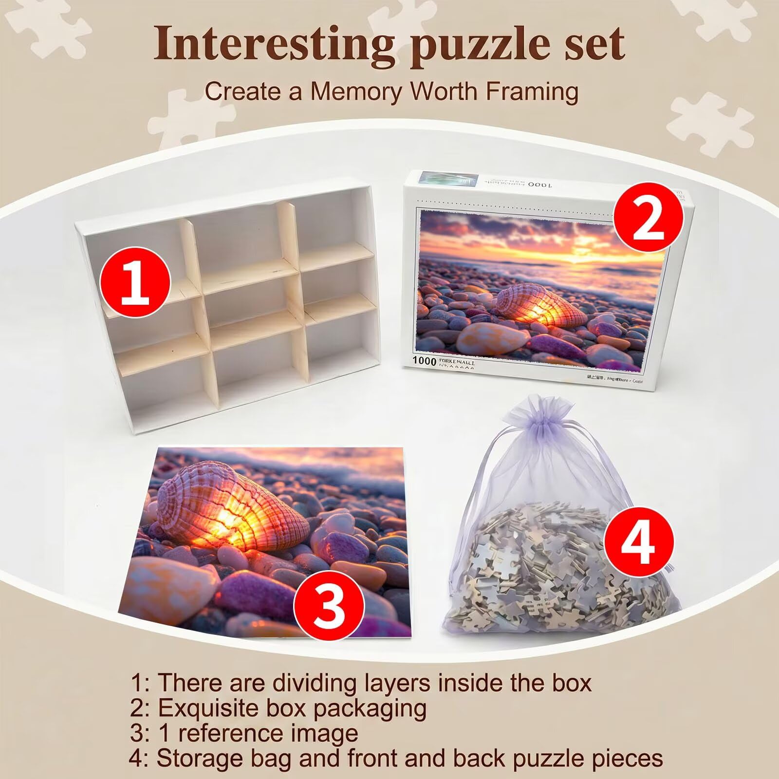 Puzzle 4000 Pezzi Classici, Puzzle spiaggia conchiglia 141 x 87 cm, Gioco Educativo e Antistress in Legno con Poster Incluso, Ttività DIY per Famiglia, Regalo per Appassionati, Decor Parete, f0-268