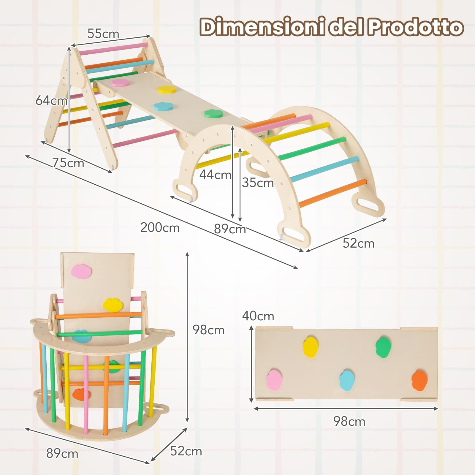 RELAX4LIFE 4 in 1 Triangolo da Arrampicata con Scivolo per Bambini, Arco da Arrampicata e Scala per Arrampicarsi in Legno, Montessori Giocattoli Bimbi 2 3 4 5 Anni