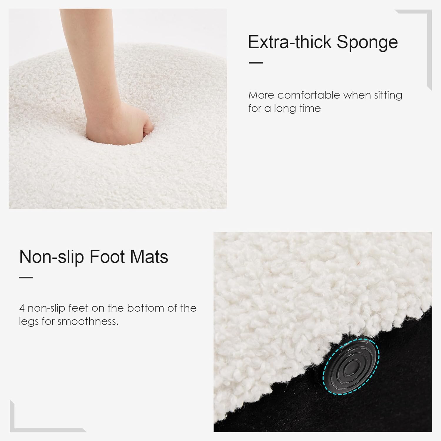 Upholstered Round Ottoman, Modern Small Footstool with Soft Padded Seat & Solid Wood Frame, Multifunctional Vanity Stool Accent Seat for Living Room, Bedroom and Entryway, White Sherpa