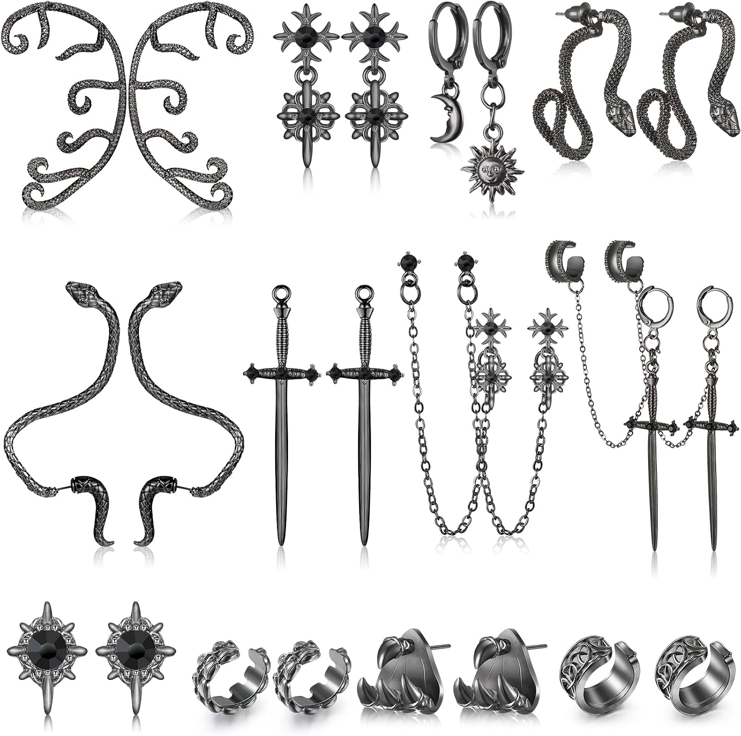 Kigeli 12 Pairs Gothic Earrings for Men Women Stainless Steel Punk Y2K Black Dangle Earrings Stud Chain Cuff Hinged Hoop Jewelry Set for Unisex Hip Hop Kpop Birthday Gifts Cosplay Costume Accessories