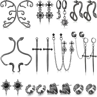 Kigeli 12 Pairs Gothic Earrings for Men Women Stainless Steel Punk Y2K Black Dangle Earrings Stud Chain Cuff Hinged Hoop Jewelry Set for Unisex Hip Hop Kpop Birthday Gifts Cosplay Costume Accessories