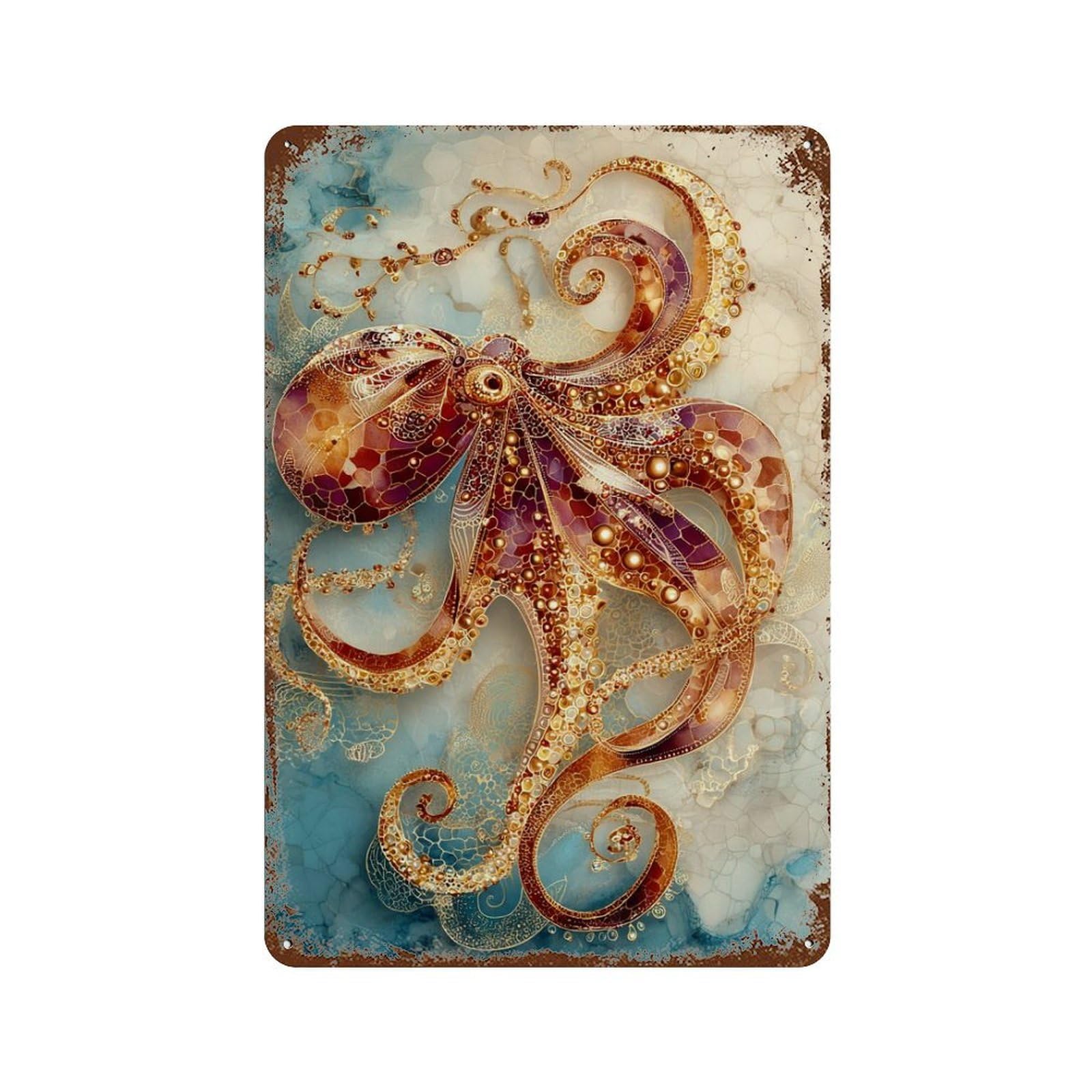 Golden Octopus Art Print Weathered Tin Sign 11.8"x7.9", Farmhouse Wall Decor for Garage, Pub Or Kitchen