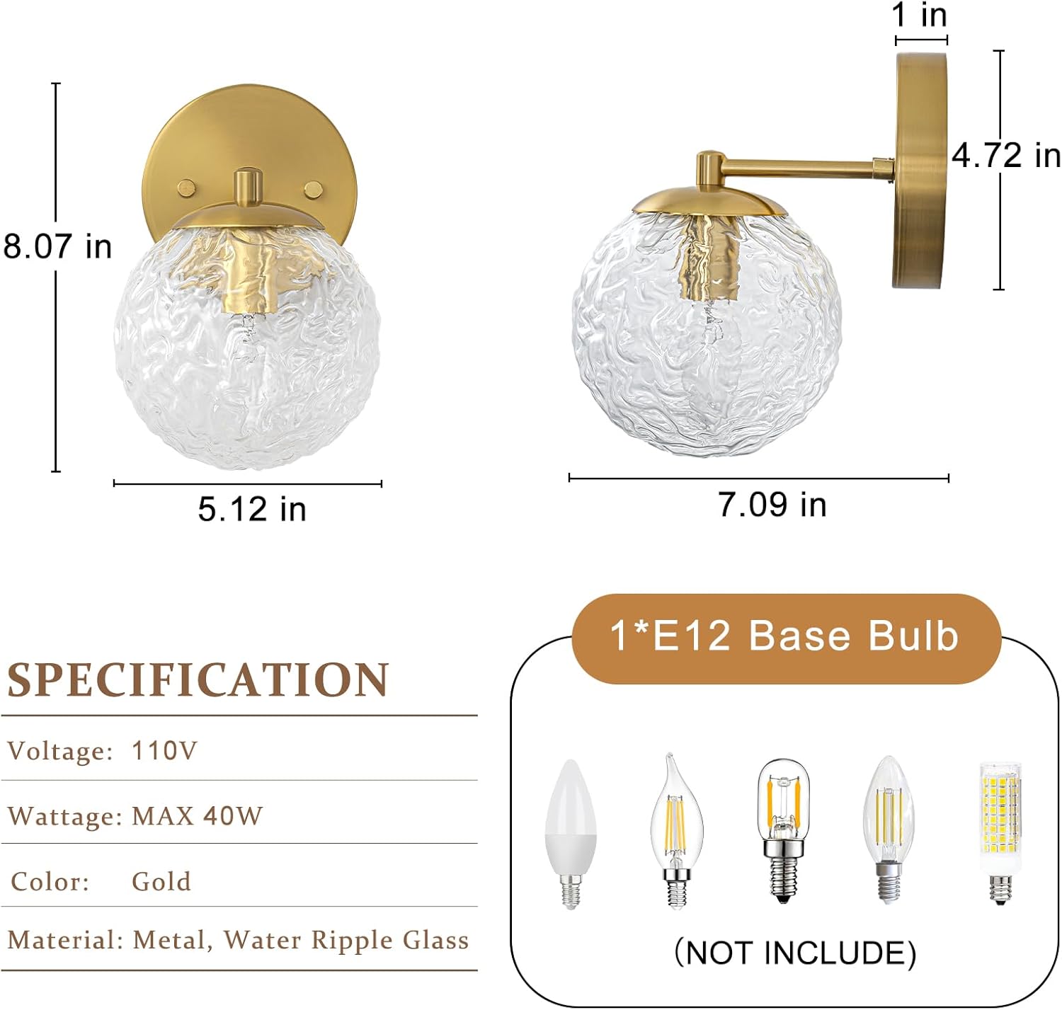 Gold Wall Sconce Set of 2, Gold Bathroom Sconces, Glass Wall Light with Ripple Globe Shade, Hardwired Wall Sconces for Vanity Hallway Bedroom Bedside Living Room Stairs Kitchen (E12)