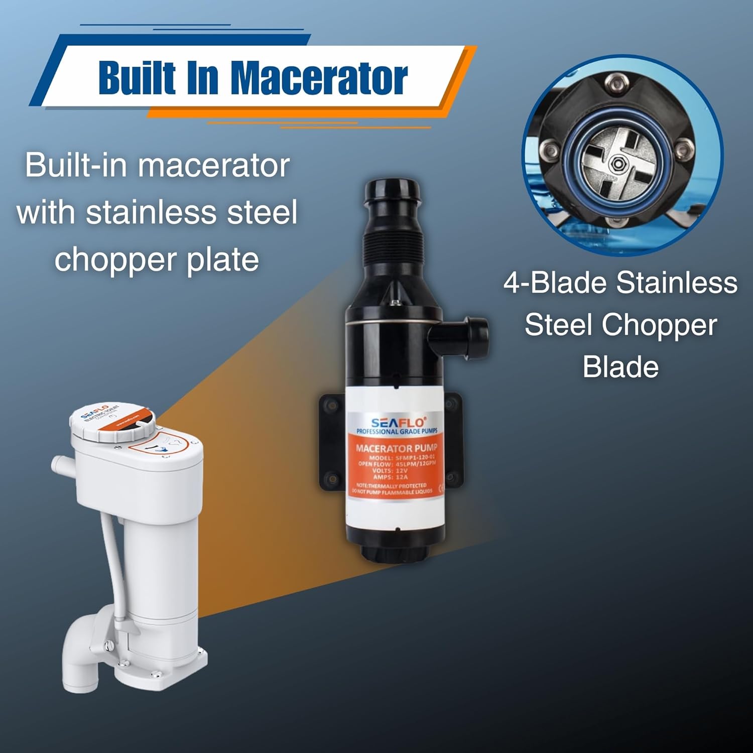 SEAFLO 12V Manual to Electric Marine Toilet Conversion Kit - 12V, 5.0 GPM, Self Priming Macerator Electric Flush, Fits Compact and Regular Marine Heads SFMTE1-02 SFMTE1-02-R 4 Year Warranty