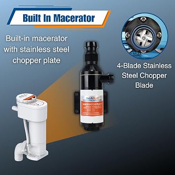 SEAFLO 12V Manual to Electric Marine Toilet Conversion Kit - 12V, 5.0 GPM, Self Priming Macerator Electric Flush, Fits Compact and Regular Marine Heads SFMTE1-02 SFMTE1-02-R
