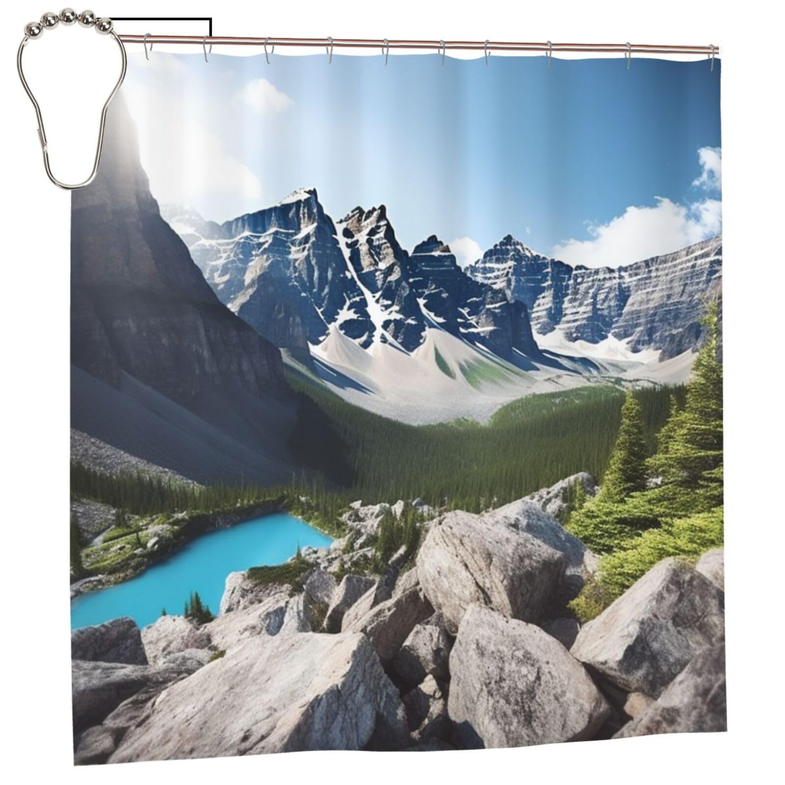 Rideau de douche épais lavable motif montagne avec anneaux de fixation