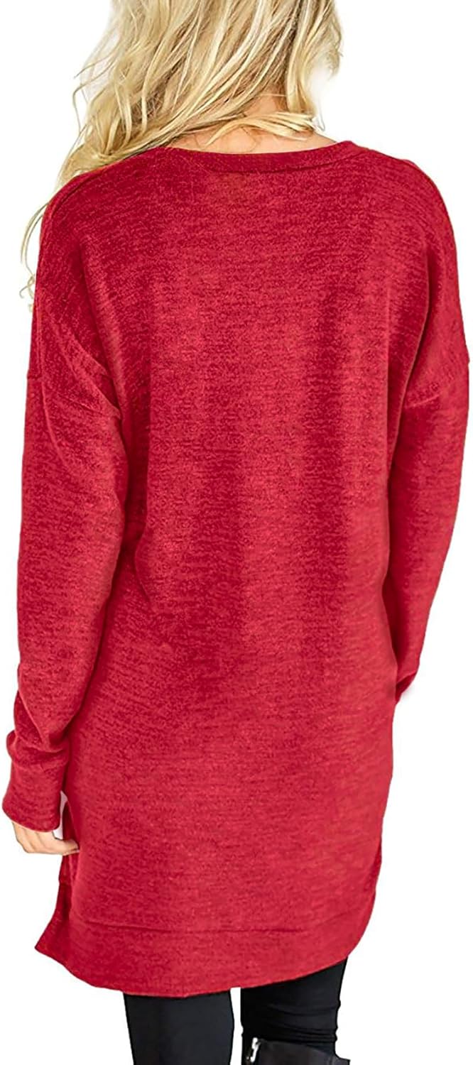 LERUCCI Long Sleeve Tunic Tops for Women Casual Long Sleeves Solid V-Neck Sweatshirt with Pockets Red XXL - Image 2