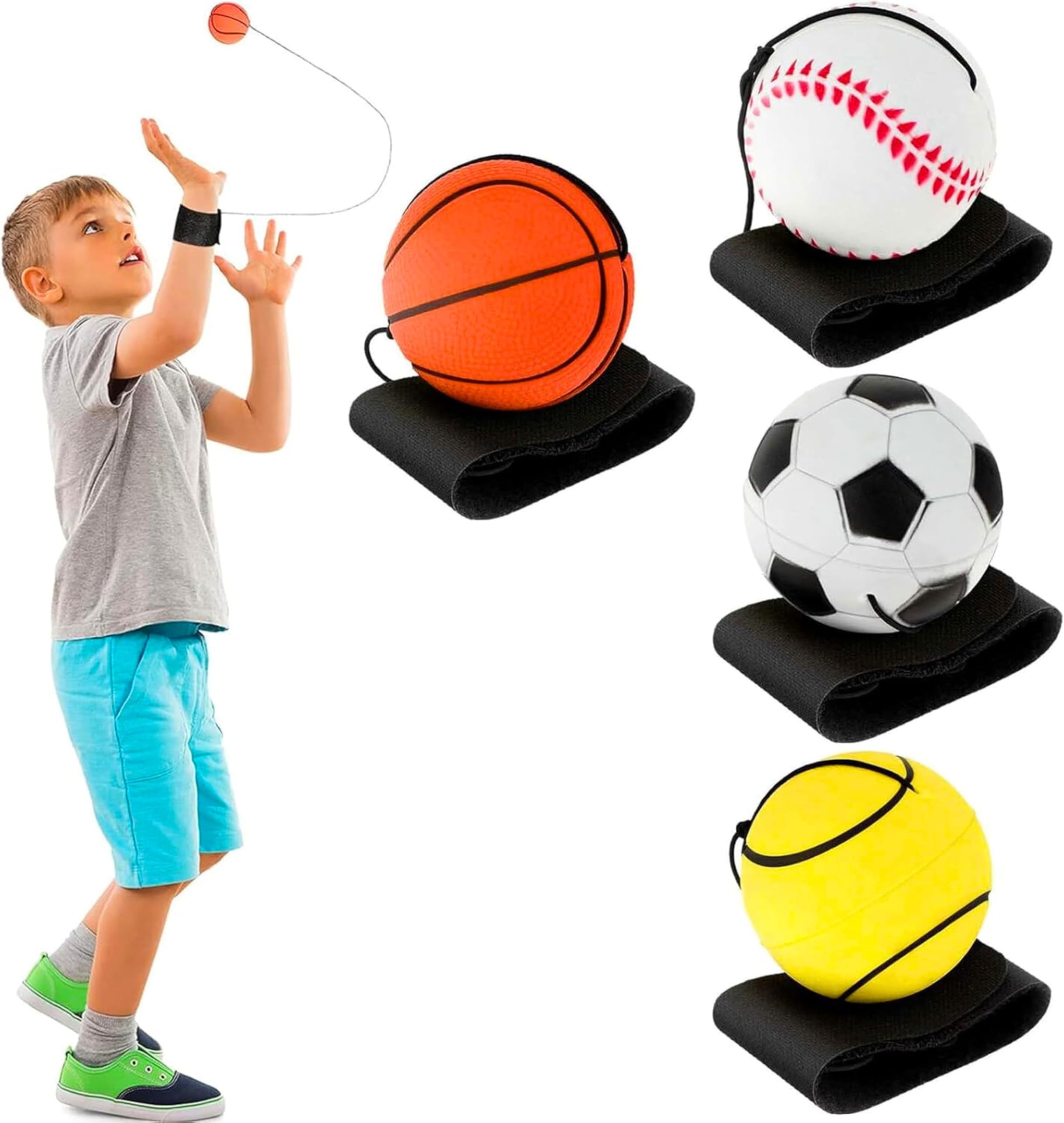 4 Pieces Wrist Ball with Cord, Diameter 6 cm Wrist Return Ball, Ball On The String Jumping Ball, Bouncy Ball, Wrist Ball, Rubber Bouncy Ball, Sports Toy for Children Adults