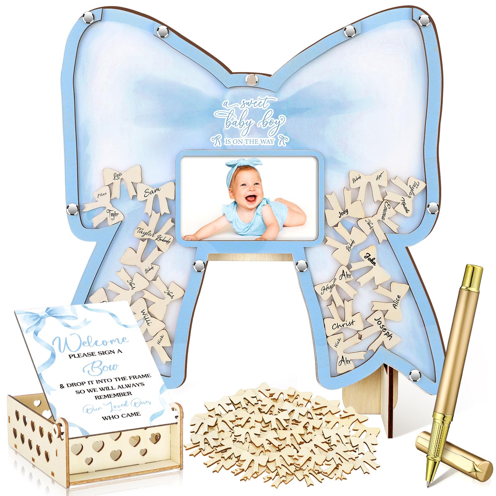 Wenqik 63 Pcs Coquette Blue Bow Baby Shower Guest Book,Blue