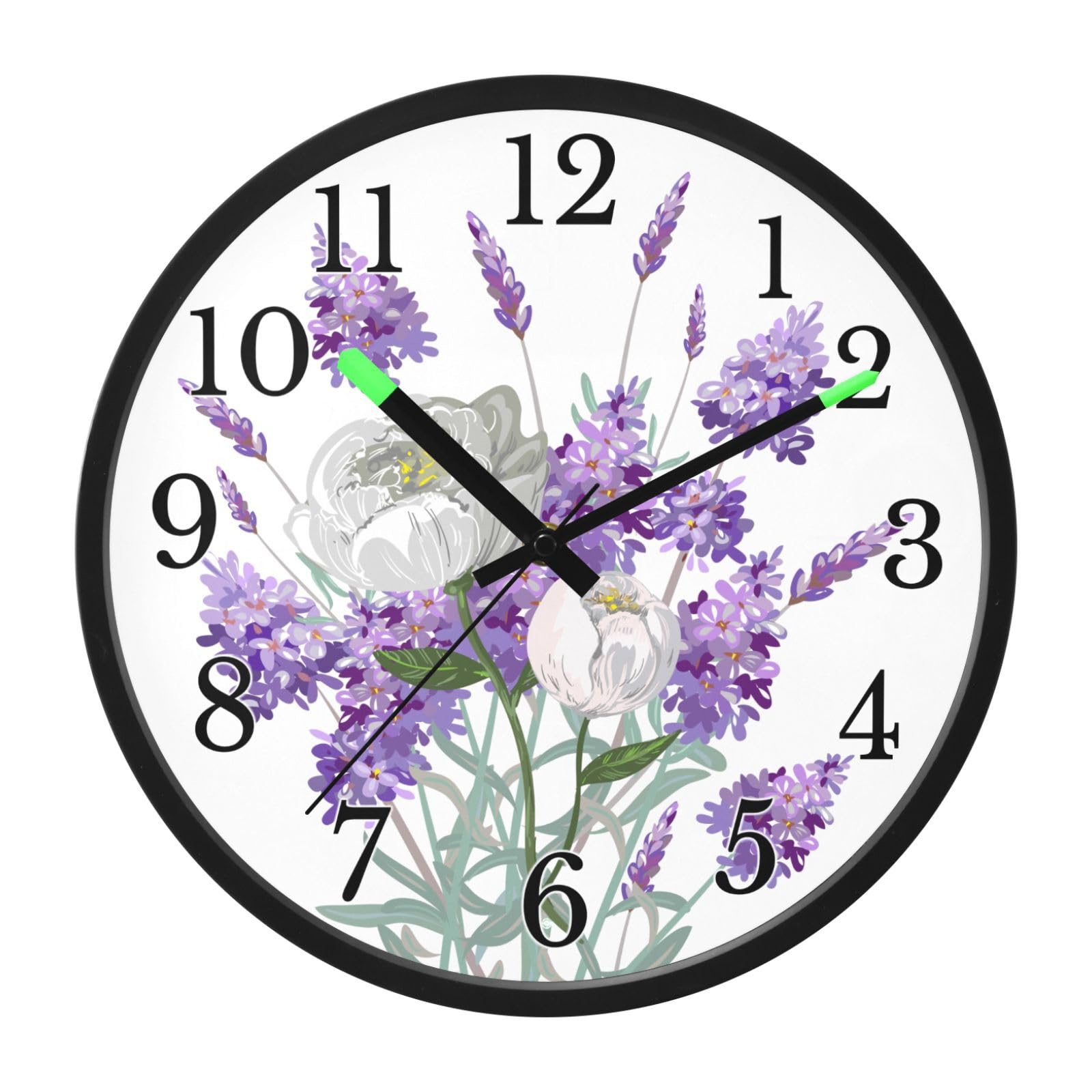 Mnsruu Reloj de pared luminoso, color morado, lavanda, blanco, camelia, reloj de pared que brilla en la oscuridad, funciona con pilas, 12 pulgadas, silencioso, sin tictac, luz nocturna para dormitorio
