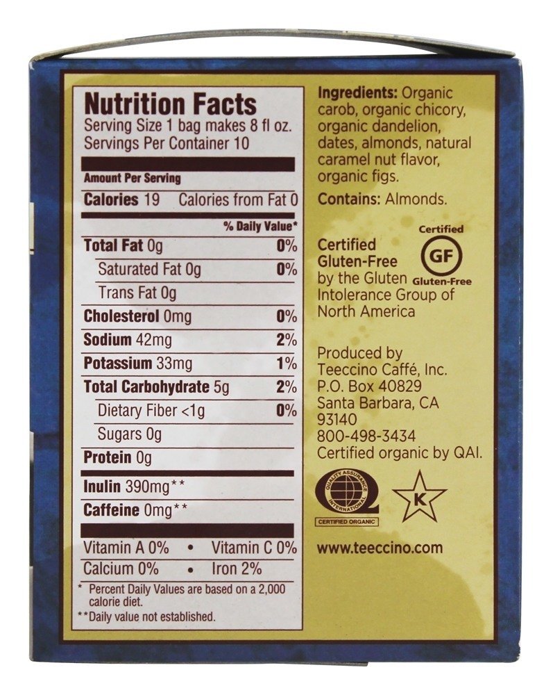 Teeccino Organic Herbal Coffee - Dandelion Caramel Nut - 10 Bags - Case of 6