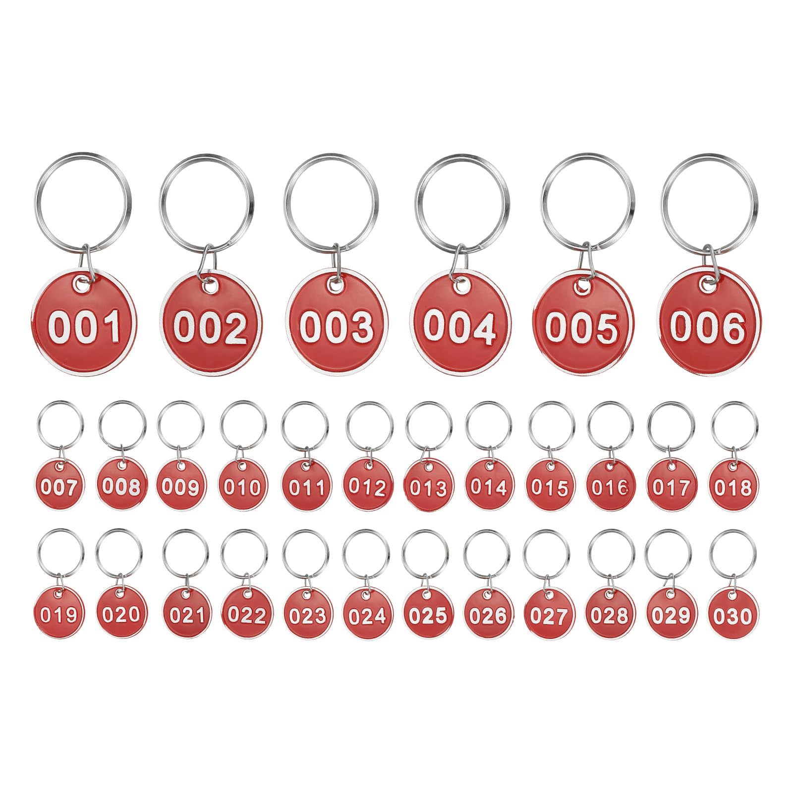 PATIKIL 30PCS Number Tags 1-30, Table Number Key Tags Aluminum Numbered Keychain Metal with Key Rings for Organizer Field Sales Hangers Clothes Labels ID, Red