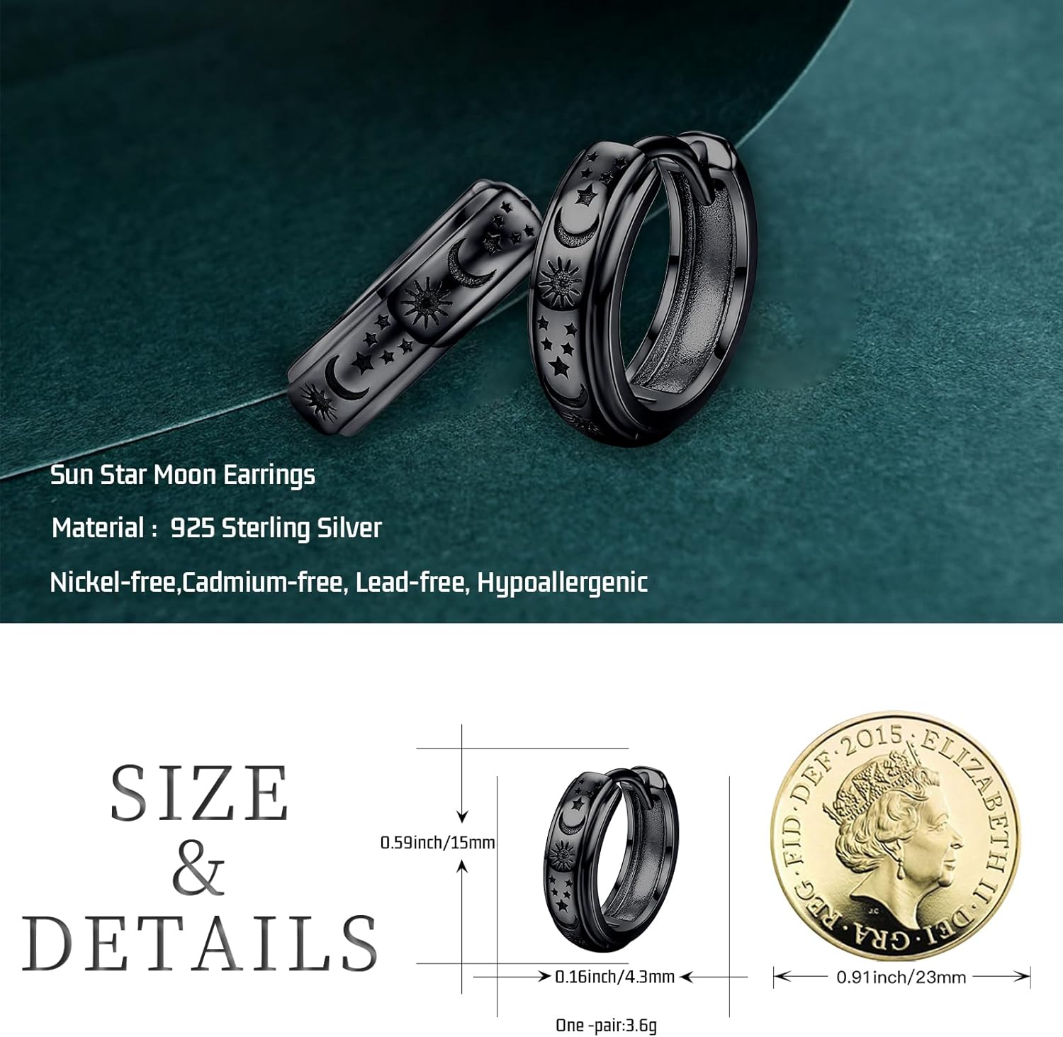 Moon Star Earrings 925 Sterling Silver White/Black/Yellow Gold Galaxy Huggie Hoop Earrings Celestial Jewelry Gifts for Women Men - Image 2