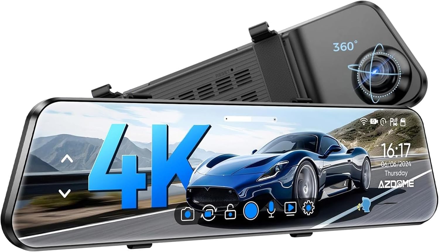 AZDOME PG17 2CH Mirror Dash Cam 4K - 12" Touch Screen - 24H Parking Mode - Mirror Dash Cam - Minimize Blind Spots - Built-in GPS & WiFi - Reverse Assist - Supports Voice Command