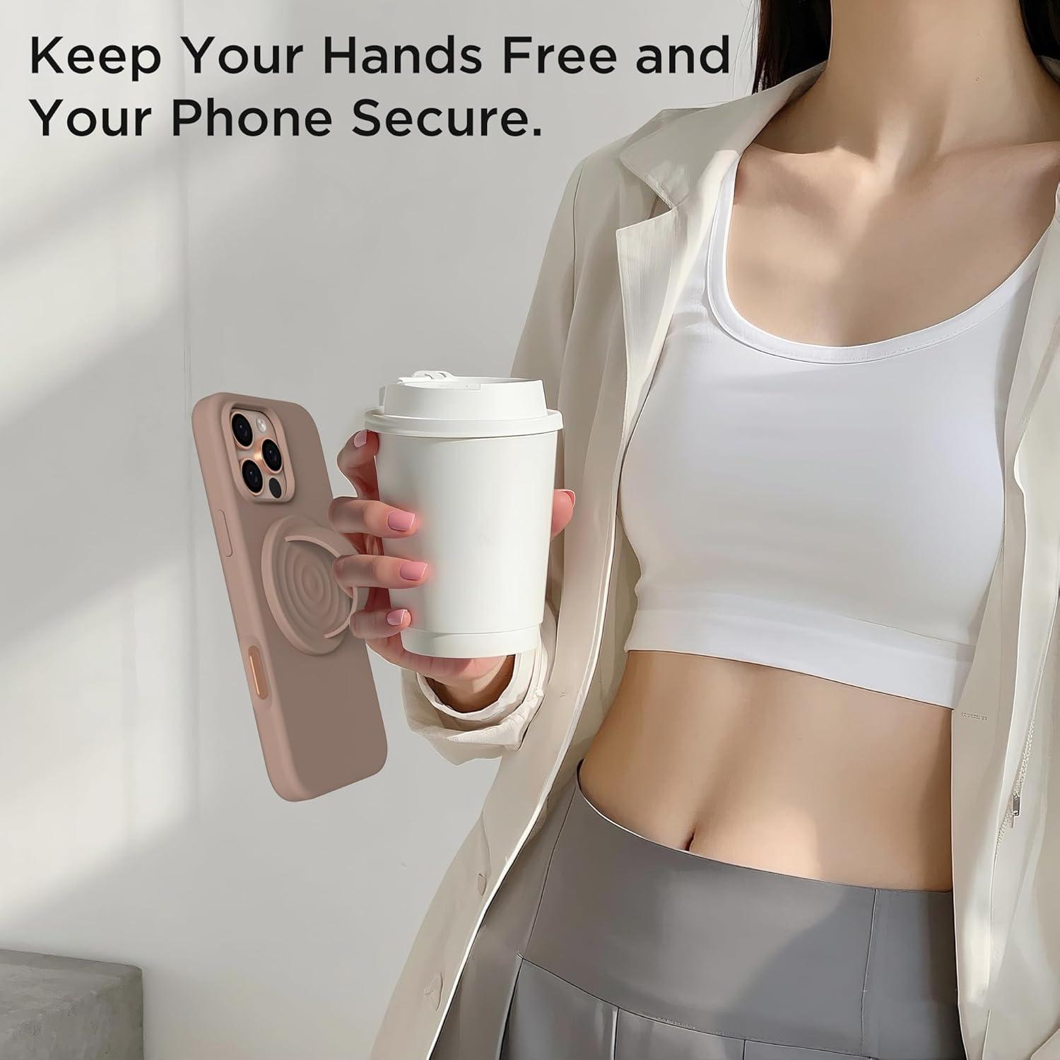 Magnetic Phone Grip Ring Holder, Liquid Silicone Magnet Cell Phone Grip Finger Loop, Compatible with Magsafe, Back of Phone for iPhone 17/16/15/14/13/12 Series, Light Brown - Image 8