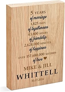 5th Wedding Anniversary Gifts for Husband Wife Couple, PERSONALISED Oak Wood Anniversary Gifts, Wood Anniversary Gifts for Him Her, Wooden Anniversary Gifts from Wife, 5 Years Married, Oak Block